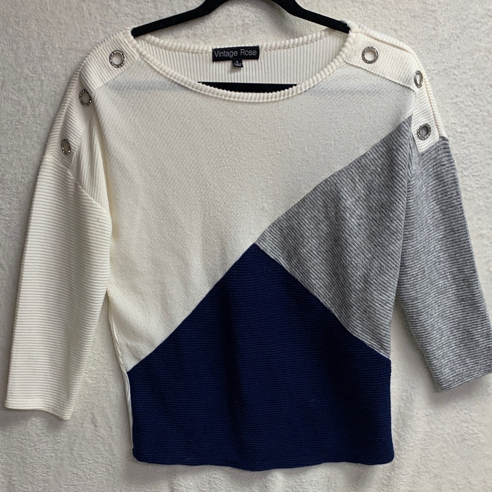 Vintage Rose Black White Gray Colorblock Sweater Button Accents Women’s Sz M - Picture 1 of 4